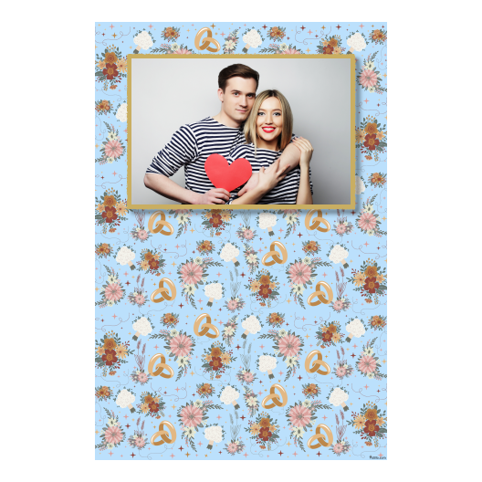Fotobudka na weselu z błękitnym tłem + obrączki i kwiaty - Pocztówka 15x10cm model 311 - obrazek 1