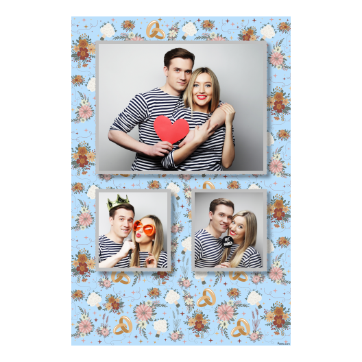Fotobudka na weselu z błękitnym tłem + obrączki i kwiaty - Pocztówka 15x10cm model 317 - obrazek 3