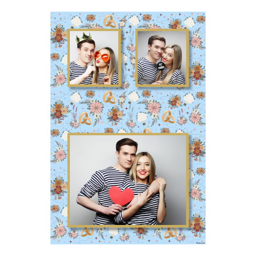 Fotobudka na weselu z błękitnym tłem + obrączki i kwiaty - Pocztówka 15x10cm model 318 - obrazek 1