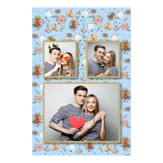Fotobudka na weselu z błękitnym tłem + obrączki i kwiaty - Pocztówka 15x10cm model 320 - obrazek 1