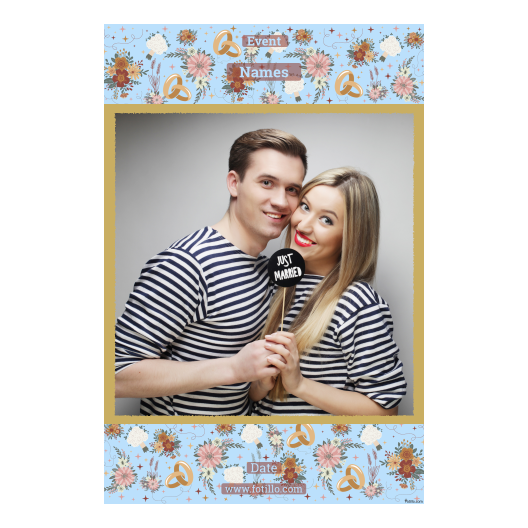 Fotobudka na weselu z błękitnym tłem + obrączki i kwiaty - Pocztówka 15x10cm model 327 - obrazek 2