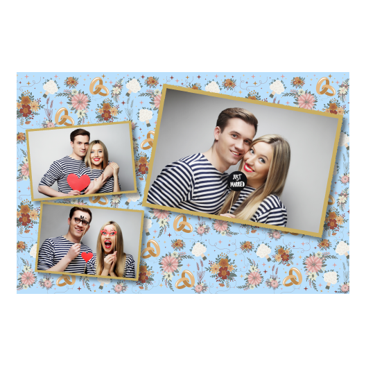 Fotobudka na weselu z błękitnym tłem + obrączki i kwiaty - Pocztówka 10x15cm model 406 - obrazek 1