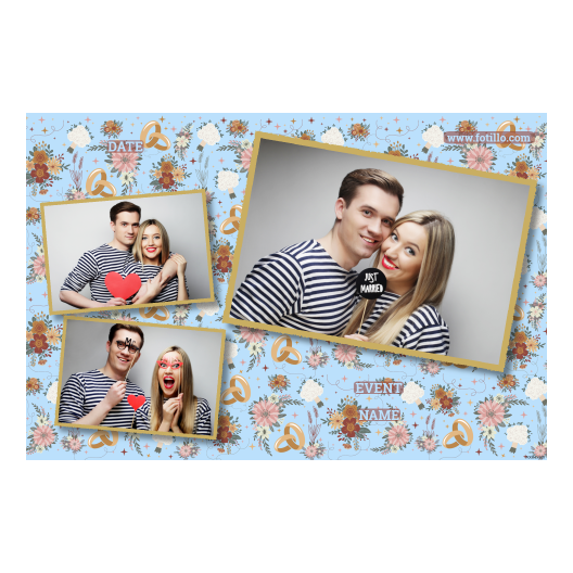 Fotobudka na weselu z błękitnym tłem + obrączki i kwiaty - Pocztówka 10x15cm model 406 - obrazek 2