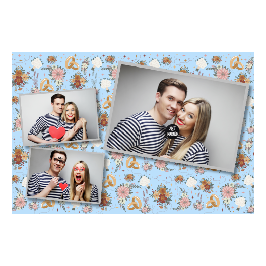 Fotobudka na weselu z błękitnym tłem + obrączki i kwiaty - Pocztówka 10x15cm model 406 - obrazek 3