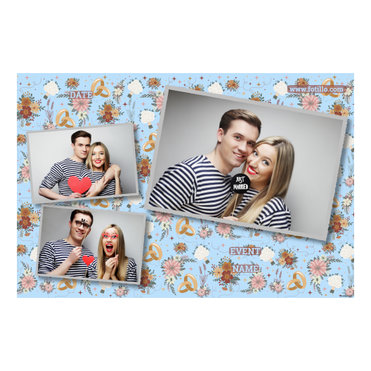 Fotobudka na weselu z błękitnym tłem + obrączki i kwiaty - Pocztówka 10x15cm model 406 - obrazek 4