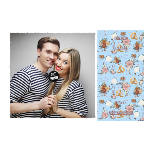 Fotobudka na weselu z błękitnym tłem + obrączki i kwiaty - Pocztówka 10x15cm model 408 - obrazek 6