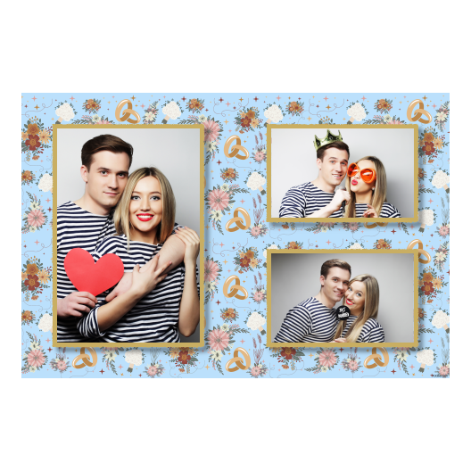 Fotobudka na weselu z błękitnym tłem + obrączki i kwiaty - Pocztówka 10x15cm model 413 - obrazek 1