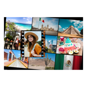 Pocztówka z Meksyku wypełniona czarnym tłem + budynki i flaga - 10x15cm model 453