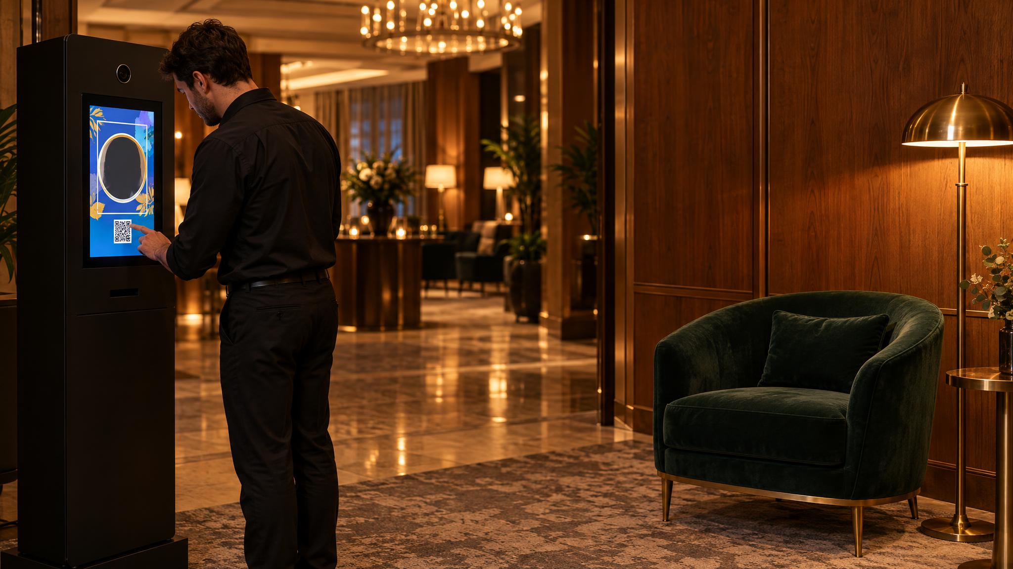 Operator w holu hotelu pochyla się nad czarnym fotokioskiem z dotykowym ekranem pokazującym szablon z okrągłą maską zdjęcia, obok fotel i lampa