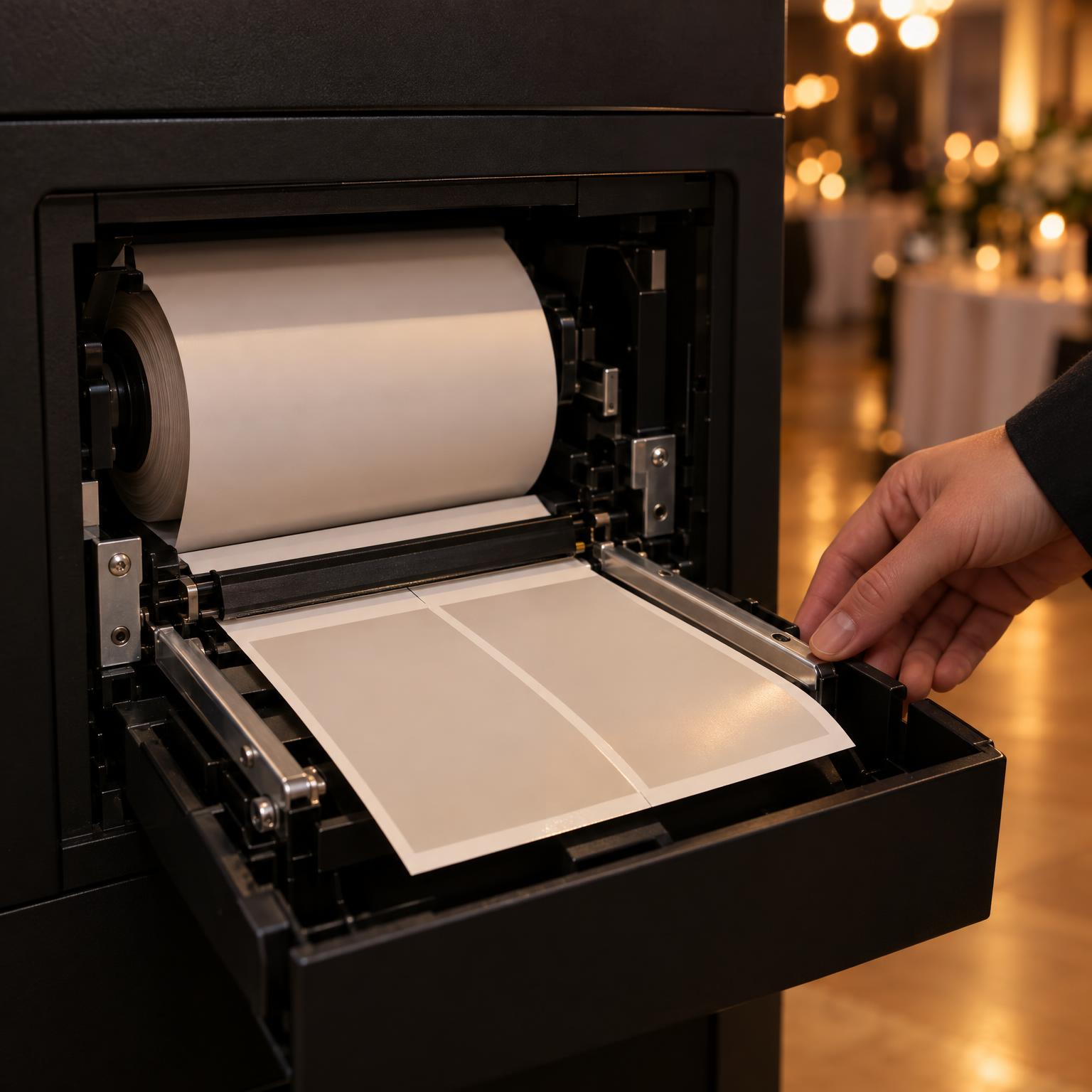 Dłoń operatora dotyka papieru wysuwającego się z drukarki w czarnej fotobudce, widać rolkę 10×15 cm i linię cięcia na dwa paski