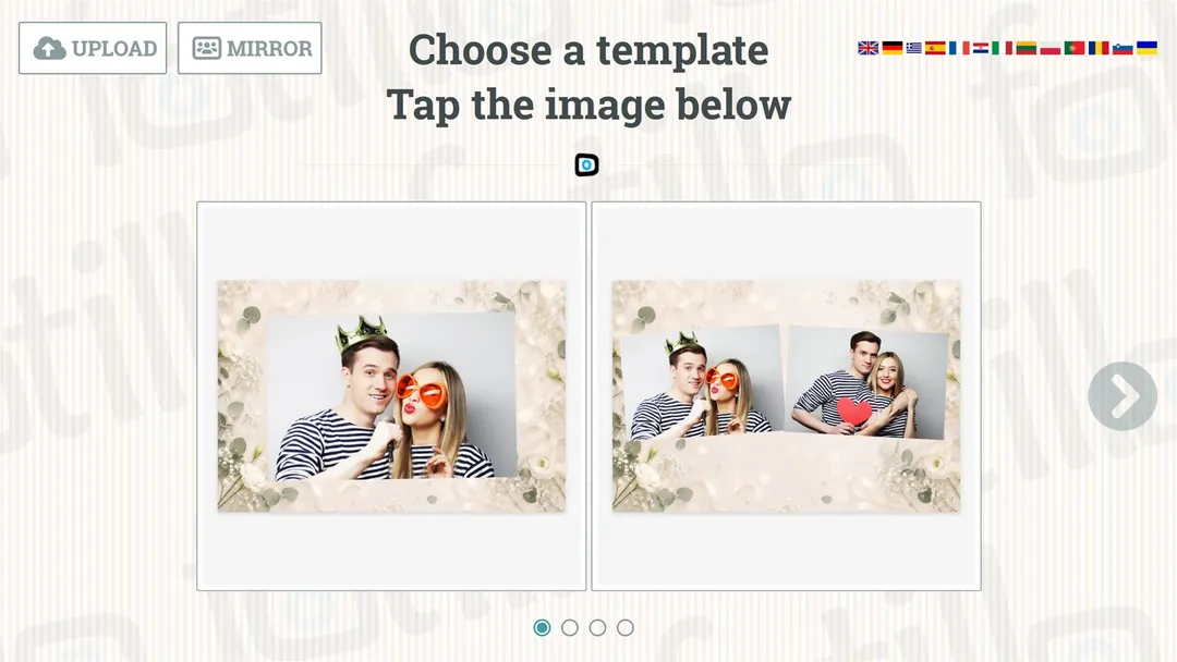 Fotillo photo booth start screen where the guest chooses a print template and a language