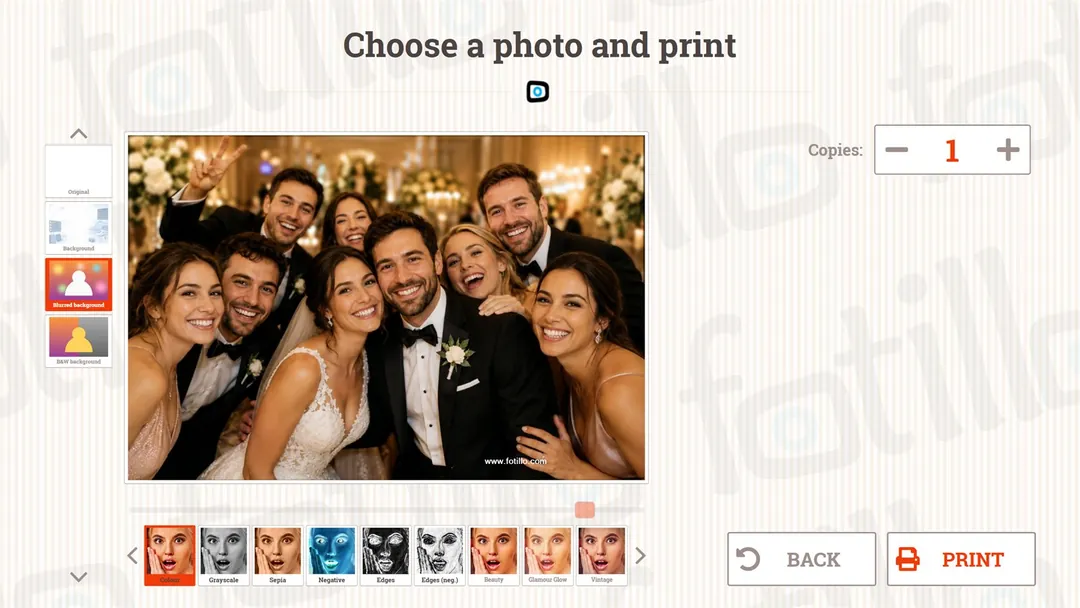Fotillo filter selection screen with a group wedding photo and a strip of filter thumbnails
