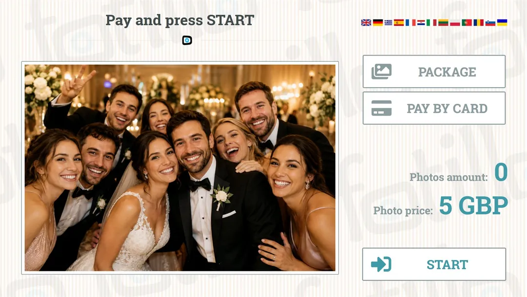 Fotillo photo booth payment screen with the photo price and a card payment button