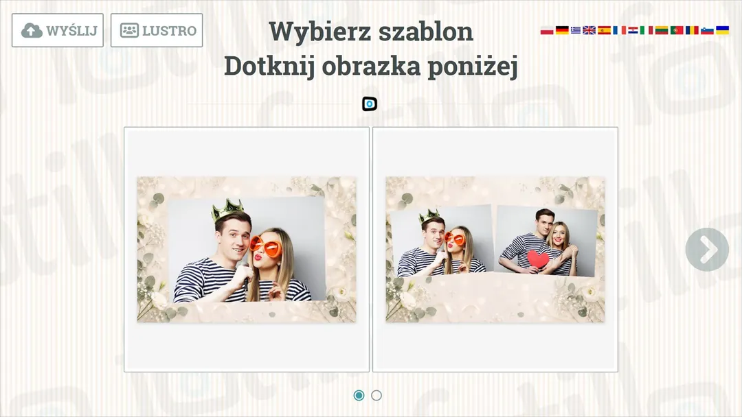 Ekran startowy fotobudki Fotillo, na którym gość wybiera szablon wydruku i język