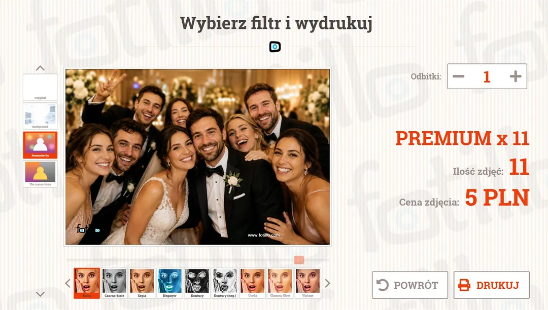 Ekran wyboru filtra w Fotillo ze zdjęciem grupowym z wesela i paskiem miniatur filtrów