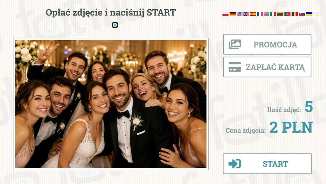 Ekran płatności w fotobudce Fotillo z ceną zdjęcia i przyciskiem płatności kartą