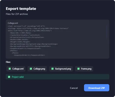 Export window in Fotillo Editor with a choice between a test export and a signed export
