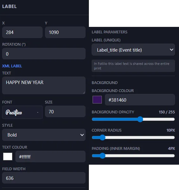 Label settings panel in Fotillo Editor with font, size and text colour options