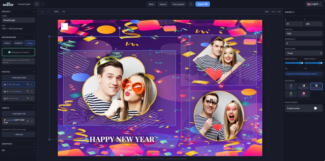 Template in Fotillo Editor with photos cropped to circle and cloud shapes