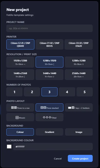 New project wizard in Fotillo Editor with printer and print size selection