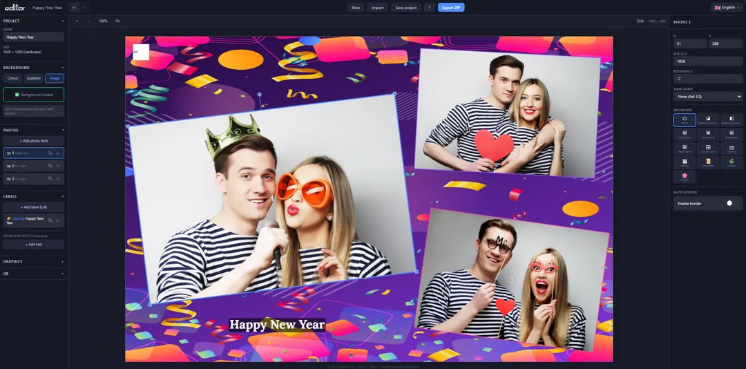 Fotillo Editor screen with a New Year's template, three photo fields and settings panels on both sides